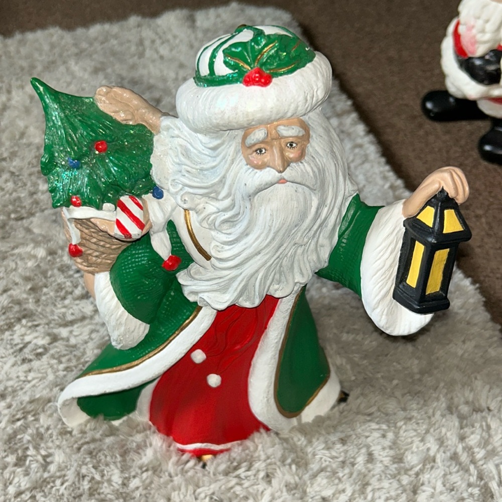 Vintage Ceramic Santa with Lantern and Christmas Tree Hand Painted